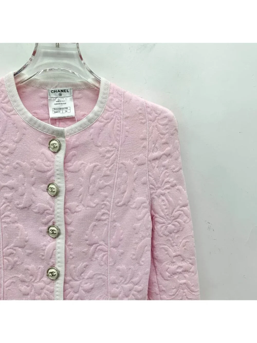 Chanel Pink Floral Embossed Crew Neck Jacket